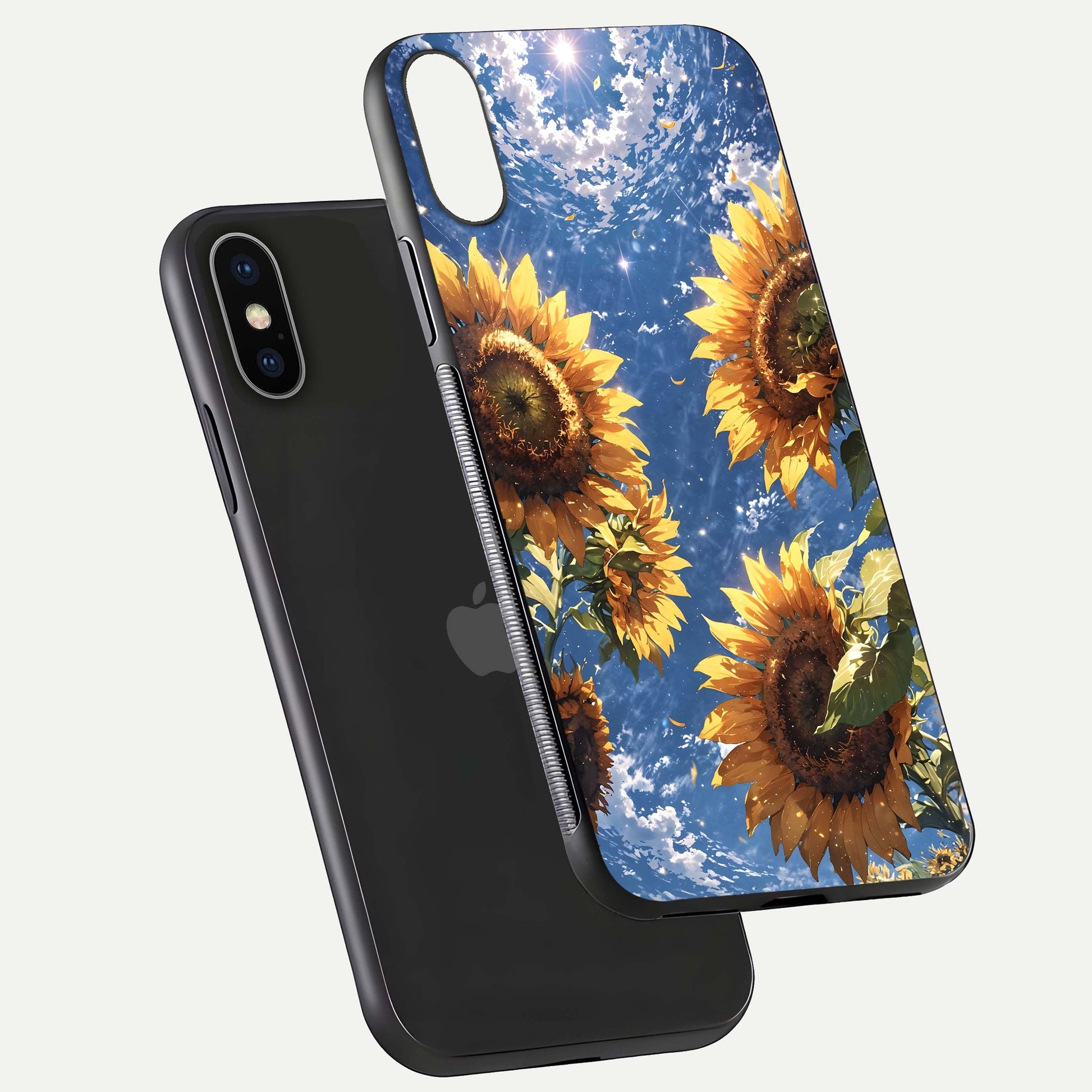 Heavenly Sunflower Rise Glass Case for iPhone X floating dual-view mockup showing gloss brightness and morning-light feel