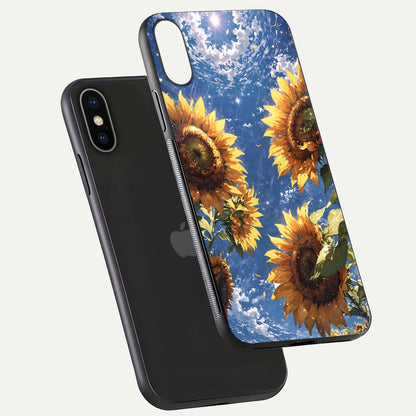 Heavenly Sunflower Rise Glass Case for iPhone X floating dual-view mockup showing gloss brightness and morning-light feel