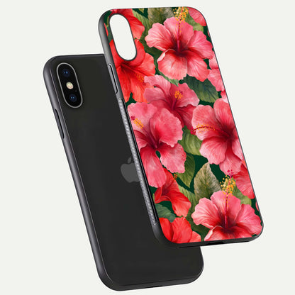 Hibiscus Pattern Glass Case for iPhone X floating dual-view mockup showing glossy texture and vivid color depth