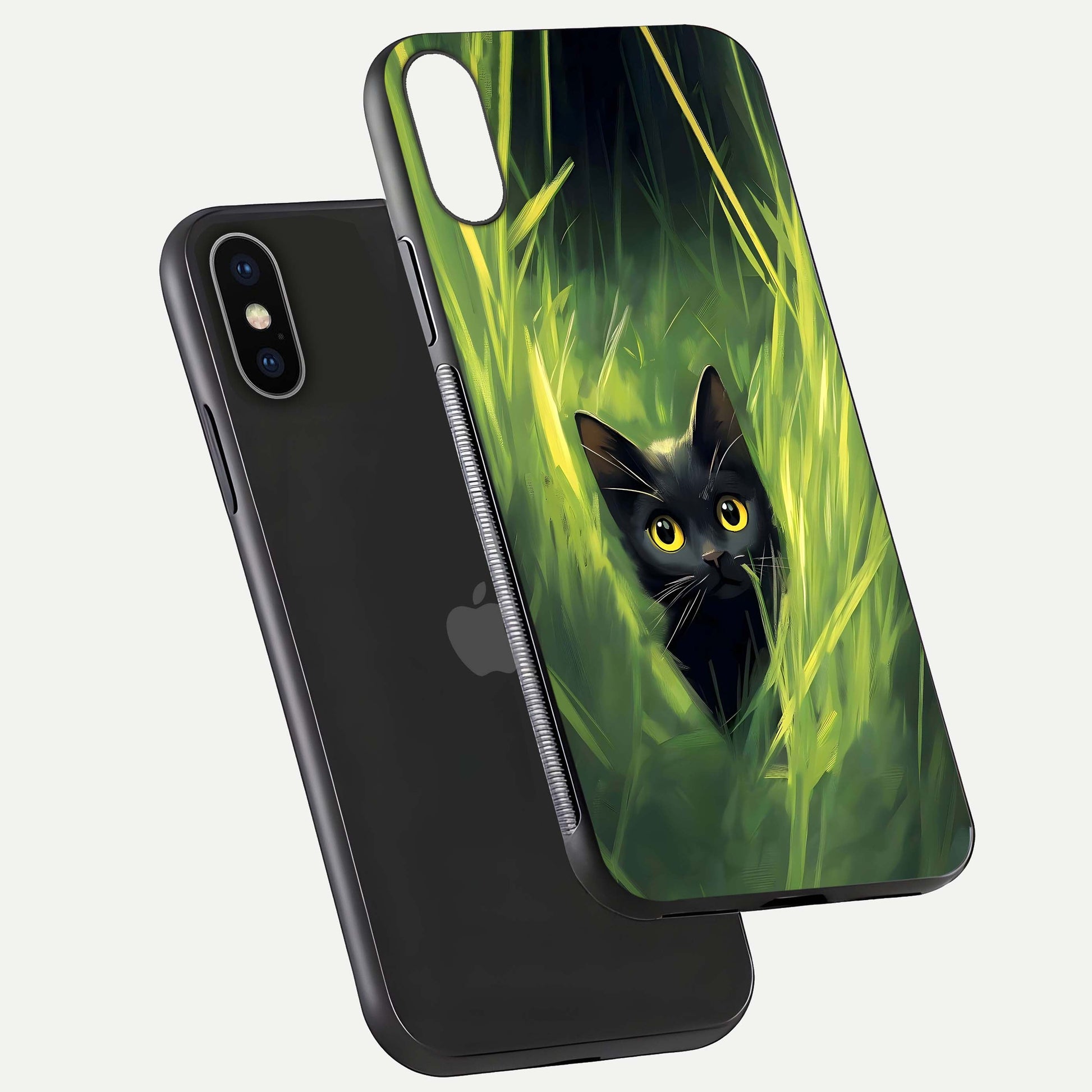 Hidden Cat Whisper Glass Case for iPhone X floating dual-view mockup showing glossy tone and elegant cat silhouette