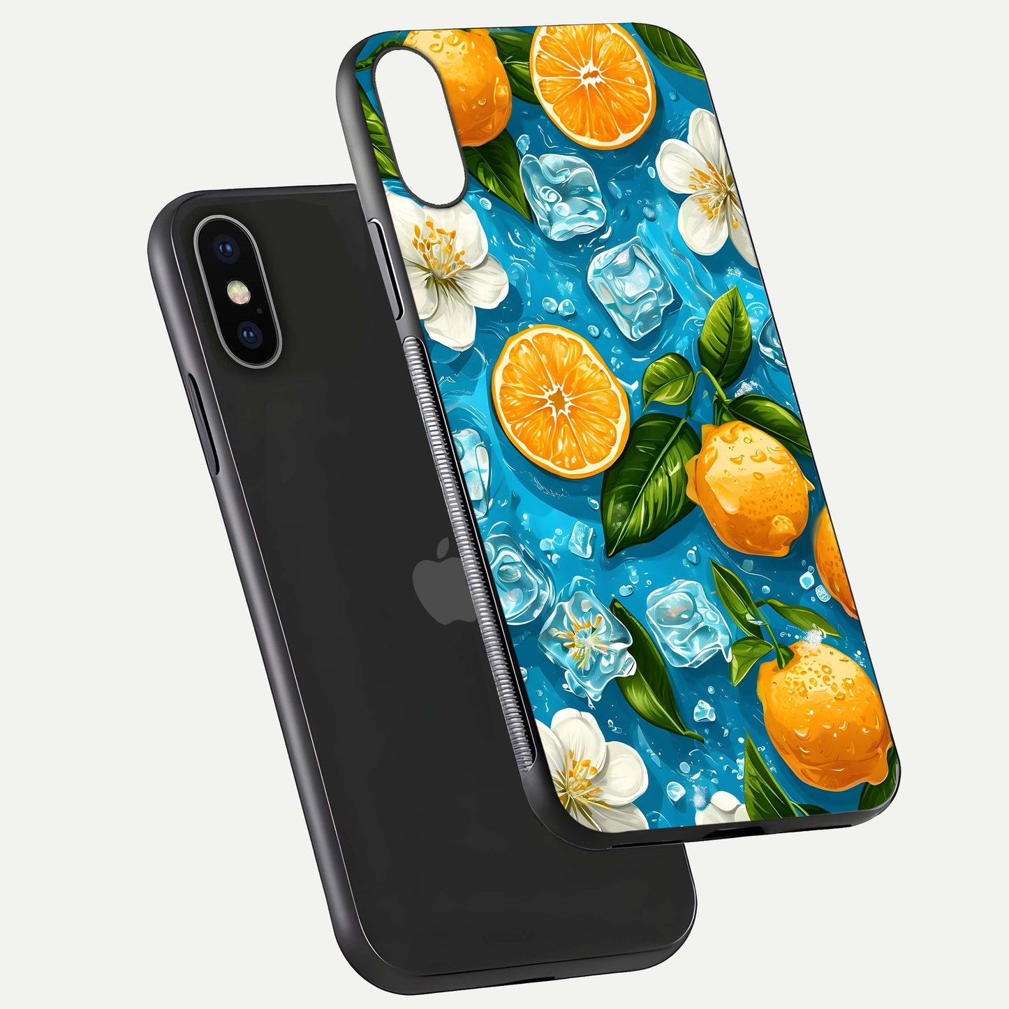 Ice Cube With Orange Glass Case for iPhone X floating dual-view mockup showing glossy shine and cool refreshing tone
