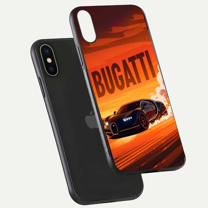 Inferno Bugatti Storm Glass Case for iPhone X floating dual-view mockup showing gloss surface and racing energy