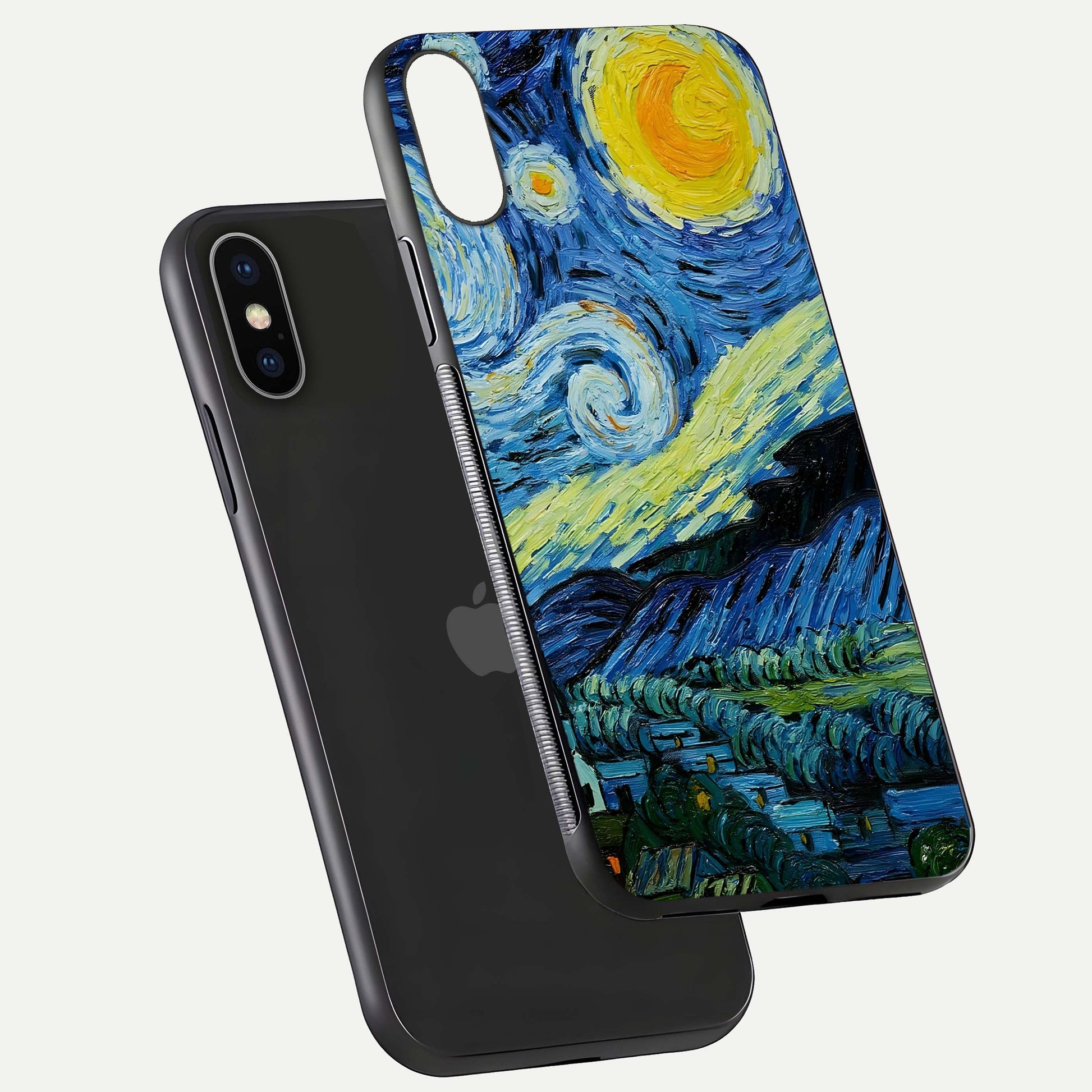 Inspired Van Gogh Art Glass Case for iPhone X floating dual-view mockup showing gloss depth and artistic reflection