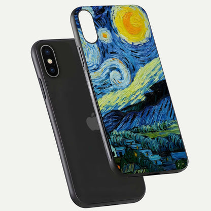 Inspired Van Gogh Art Glass Case for iPhone X floating dual-view mockup showing gloss depth and artistic reflection