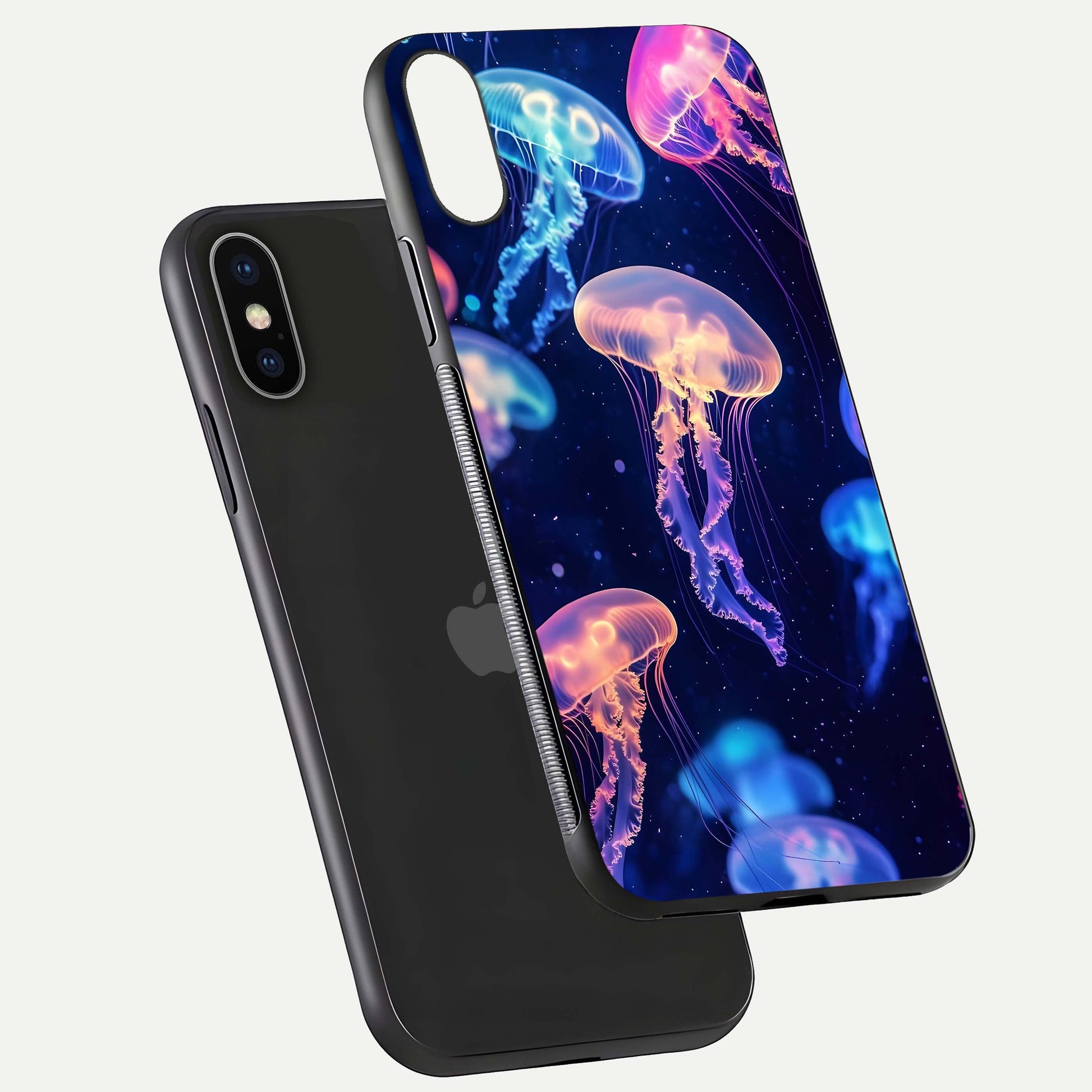 Jellyfish Pattern Glass Case for iPhone X floating dual-view mockup showing gloss texture and oceanic depth