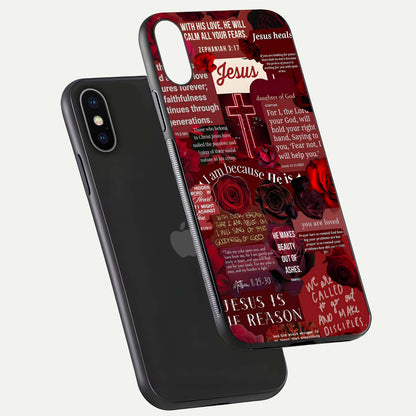 Jesus Love Heals Glass Case for iPhone X floating dual-view mockup showing glossy shine and faith-inspired art