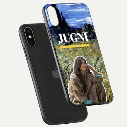 Jugni Soul Vibes Glass Case for iPhone X floating dual-view mockup showing gloss surface and vivid design style