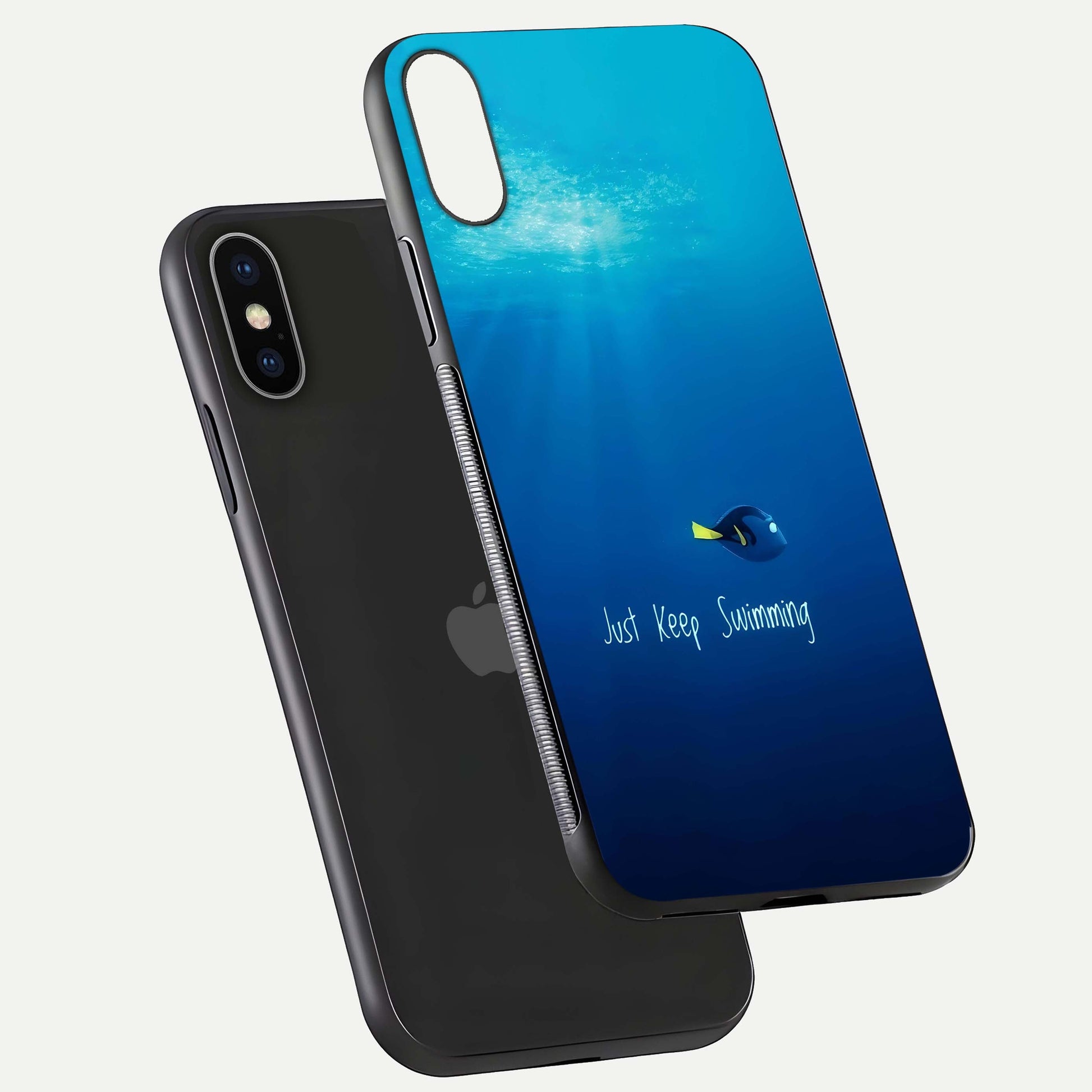Just Keep Swimming Glass Case for iPhone X floating dual-view mockup showing gloss brightness and wave motif