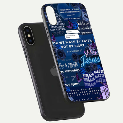 Kingdom Faith Glow Glass Case for iPhone X floating dual-view mockup showing premium gloss and golden aura