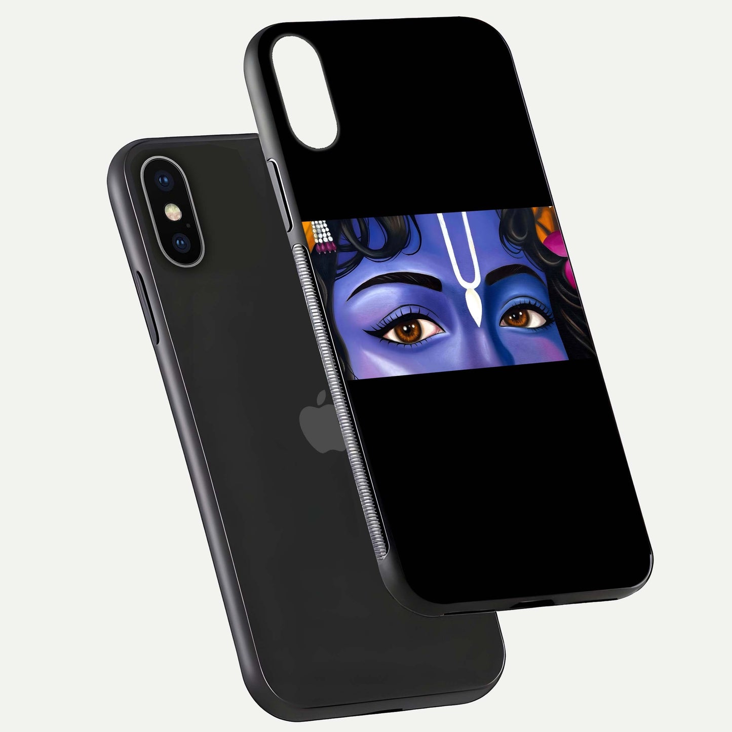 Krishna Eye Glass Case for iPhone X floating dual-view mockup showing gloss surface and divine art depth