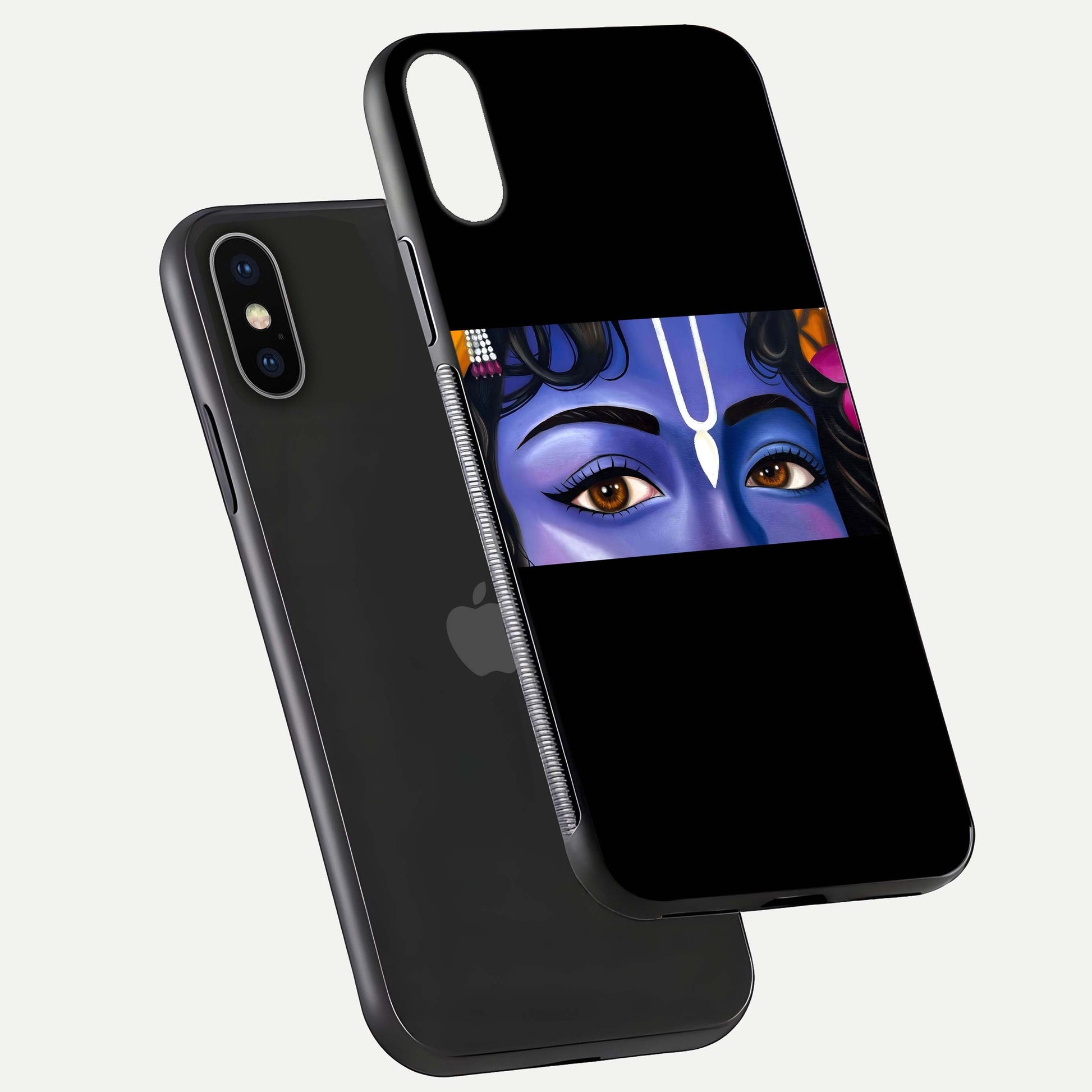 Krishna Eye Glass Case for iPhone X floating dual-view mockup showing gloss surface and divine art depth