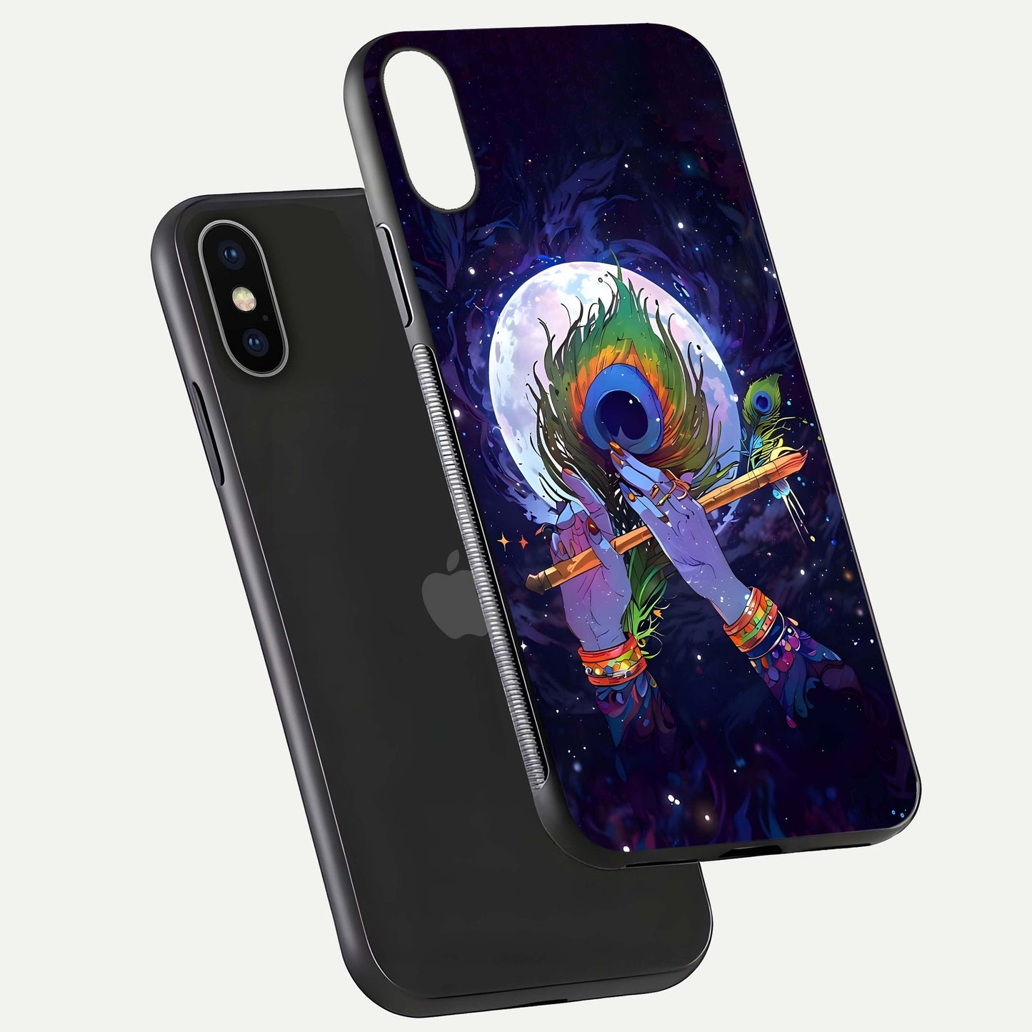 Krishna Hands Art Glass Case for iPhone X floating dual-view mockup showing premium gloss reflection