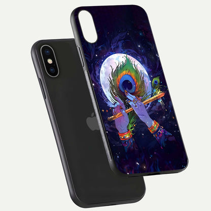 Krishna Hands Art Glass Case for iPhone X floating dual-view mockup showing premium gloss reflection