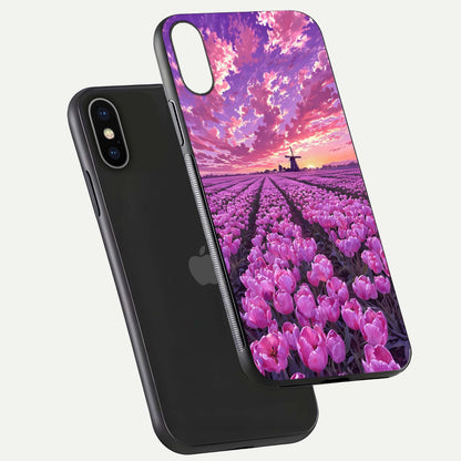 Lavender Dream Skies Glass Case for iPhone X floating dual-view mockup showing gloss polish and pastel design
