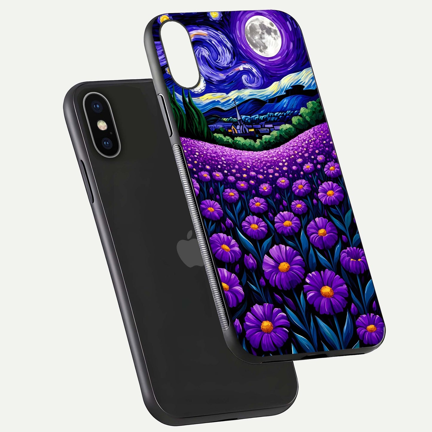 Lavender Moon Field Glass Case for iPhone X floating dual-view mockup showing gloss surface and floral glow