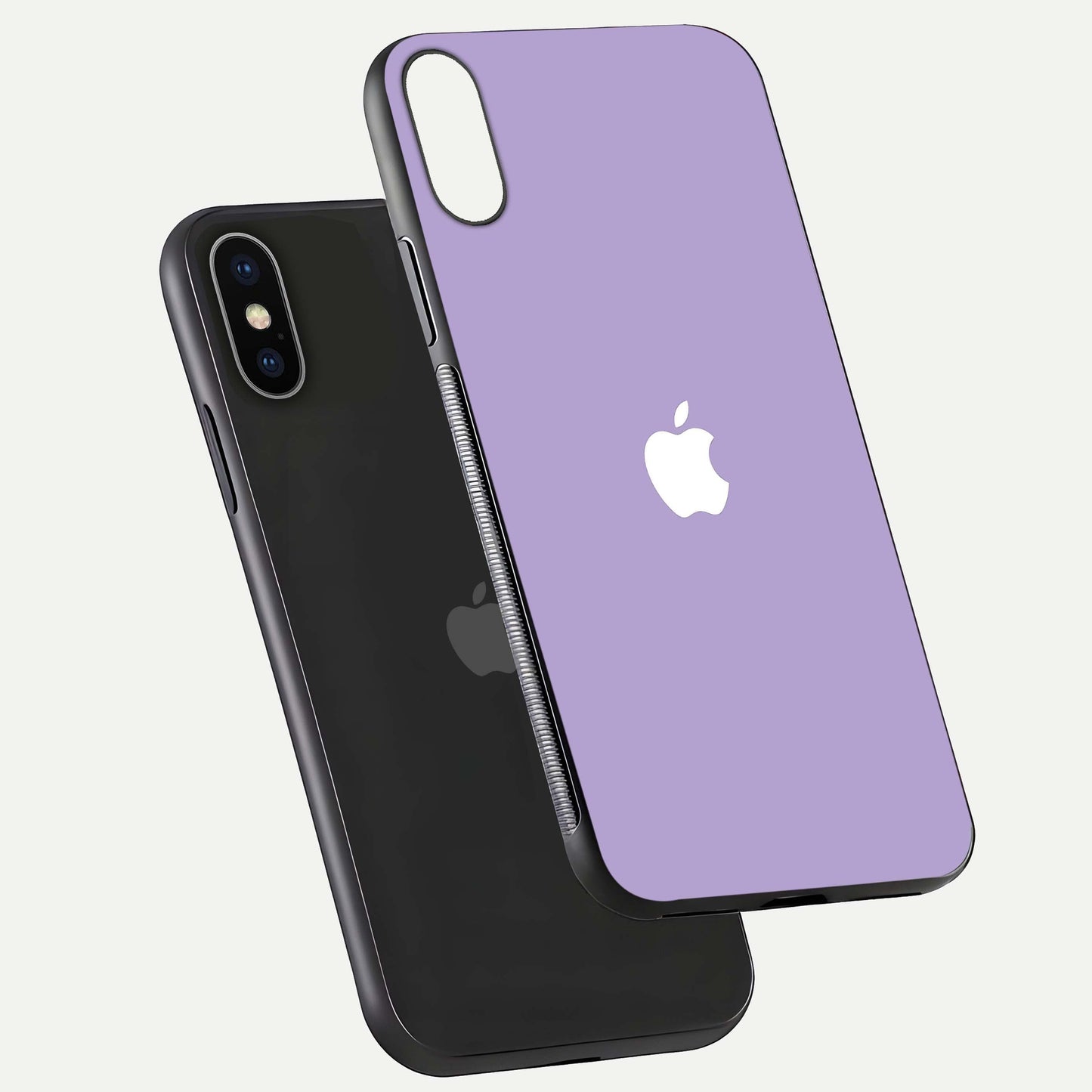 Lavender Soft Minimal Glass Case for iPhone X floating dual-view mockup showing gloss reflection and pastel tone