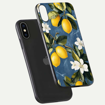 Lemon Dream Garden Glass Case for iPhone X floating dual-view mockup showing gloss brightness and vivid yellow print