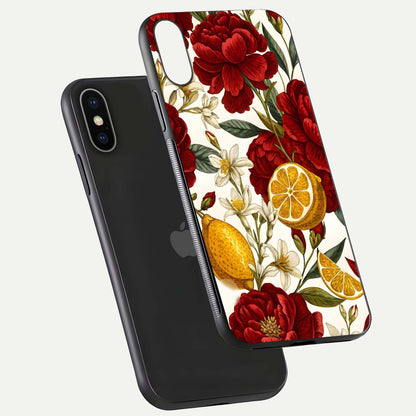 Lemon Rose Charm Glass Case for iPhone X floating dual-view mockup showing gloss polish and floral gradient