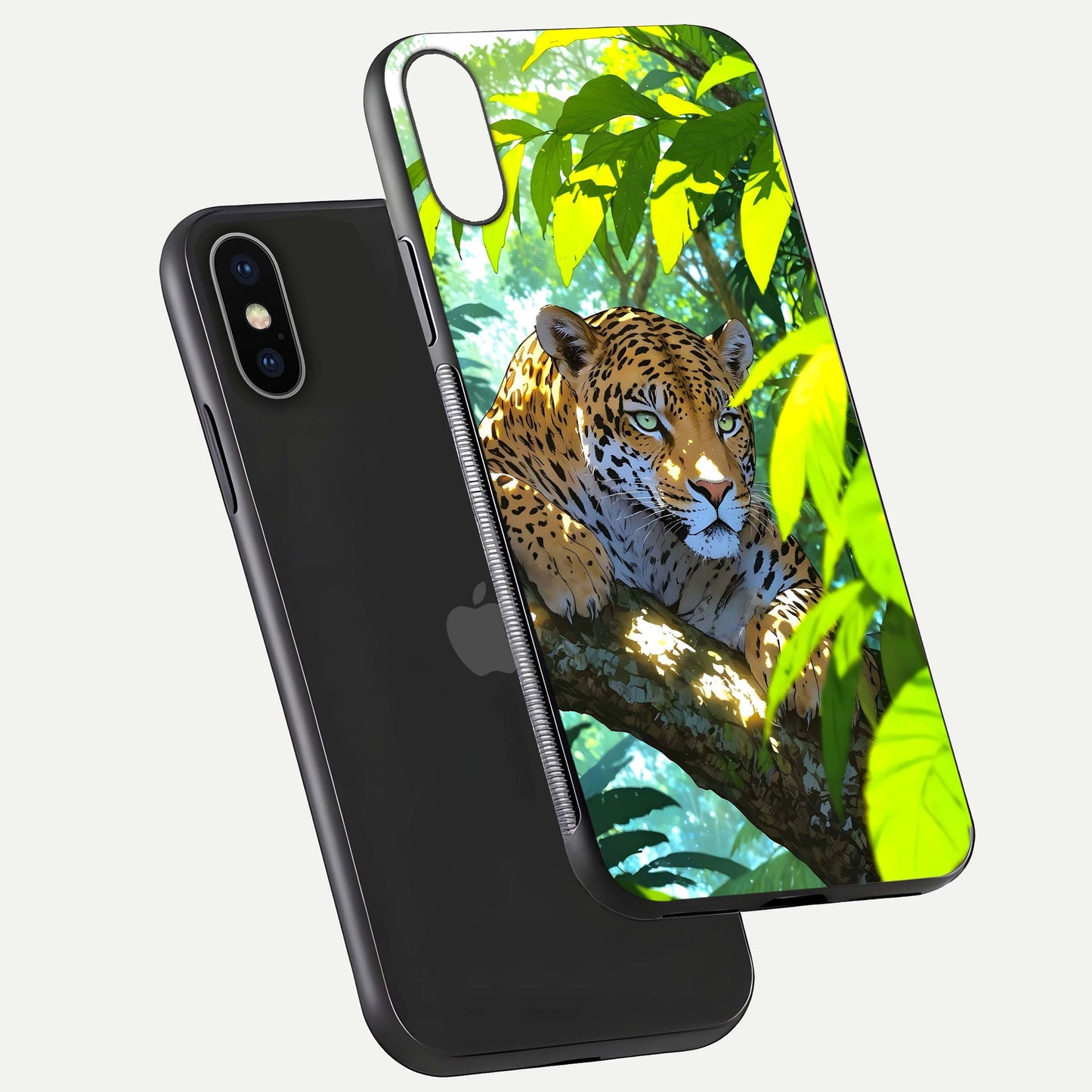 Leopard in Jungle Glass Case for iPhone X floating dual-view mockup showing gloss finish and HD wild pattern