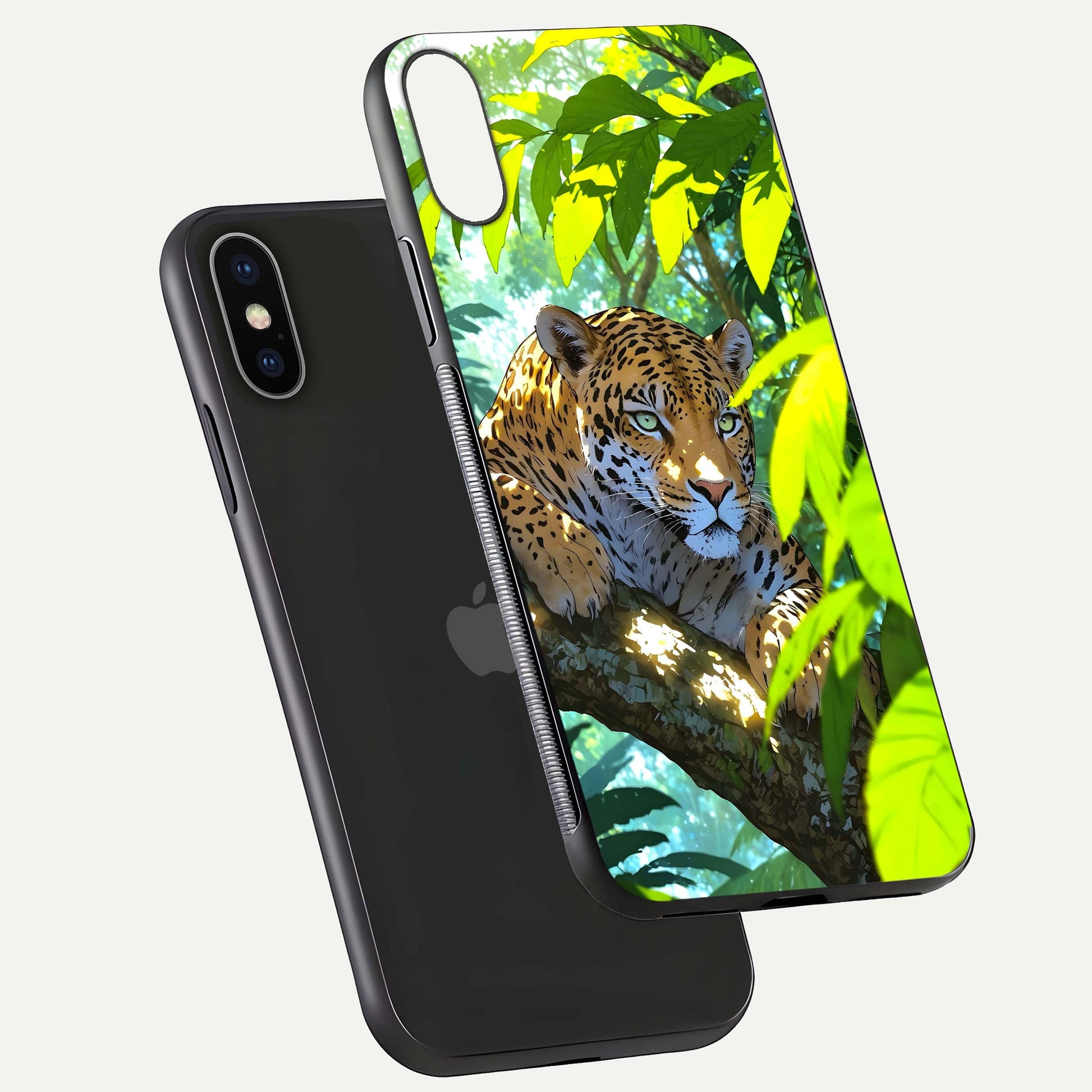 Leopard in Jungle Glass Case for iPhone X floating dual-view mockup showing gloss finish and HD wild pattern