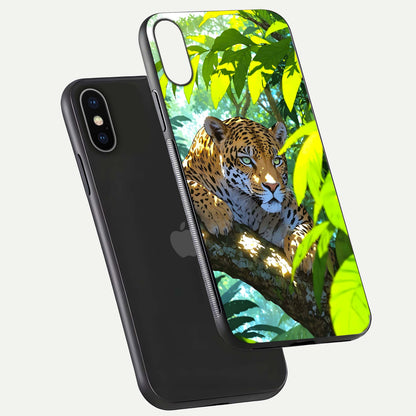 Leopard in Jungle Glass Case for iPhone X floating dual-view mockup showing gloss finish and HD wild pattern
