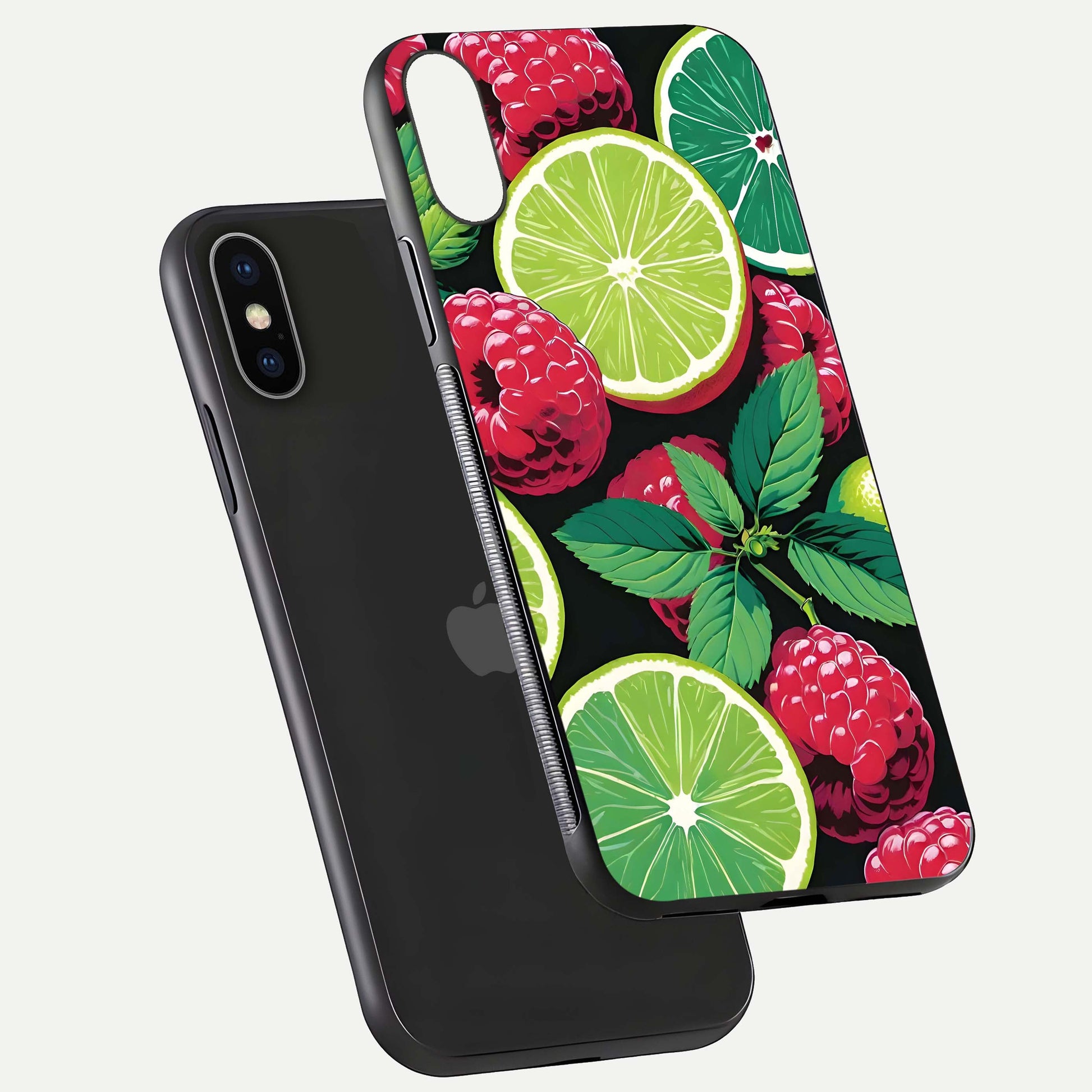 Lime and Raspberry Pattern Glass Case for iPhone X floating dual-view showing HD gloss and vivid print