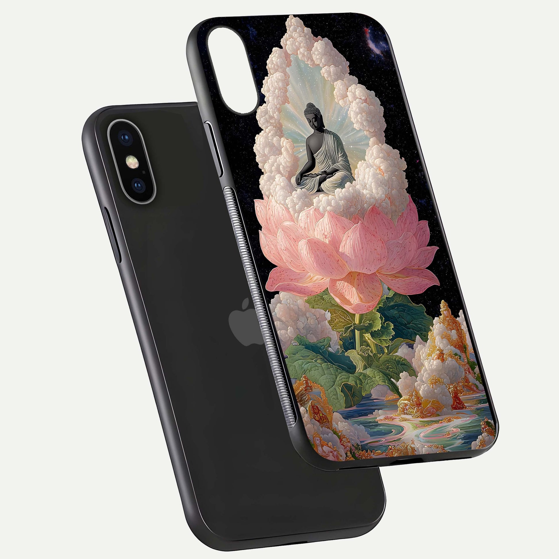 Lotus Divine Peace Glass Case for iPhone X floating dual-view mockup with glass glow and spiritual calm art