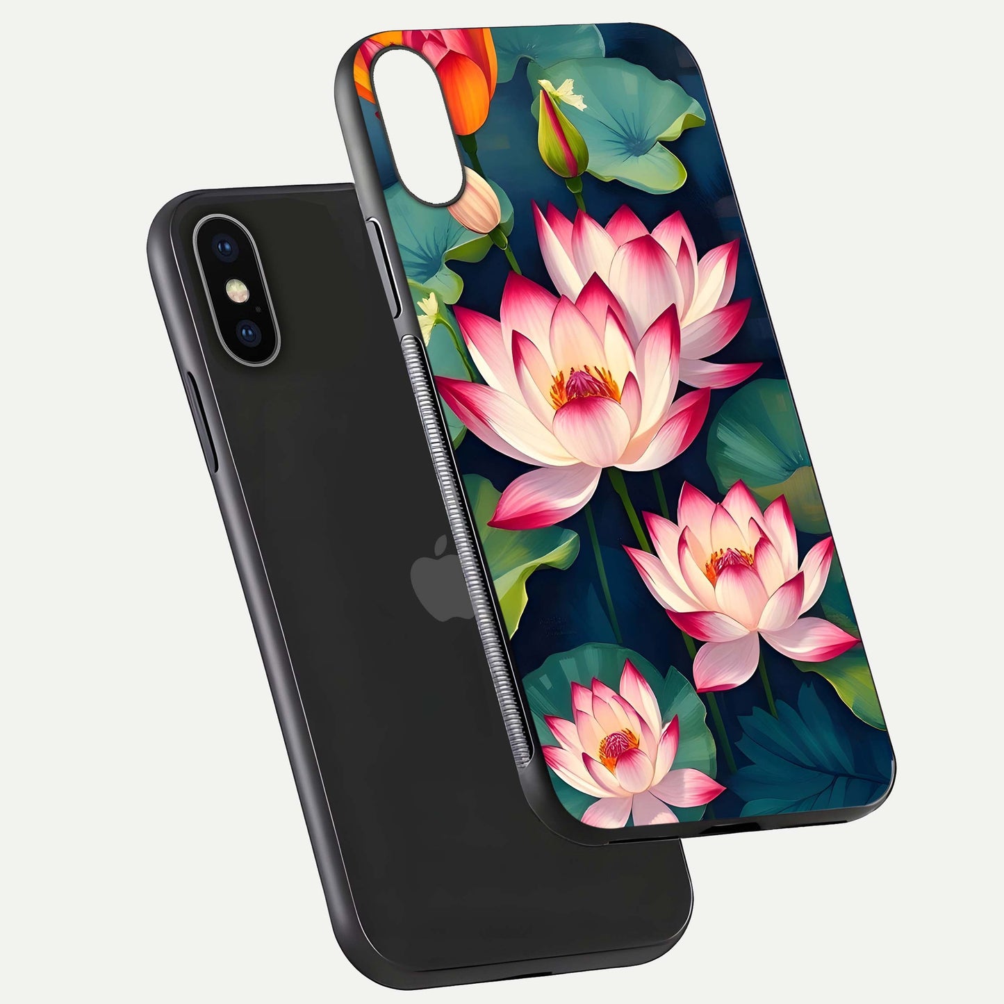 Lotus Dream Serenity Glass Case for iPhone X floating dual-view mockup highlighting HD gloss glow