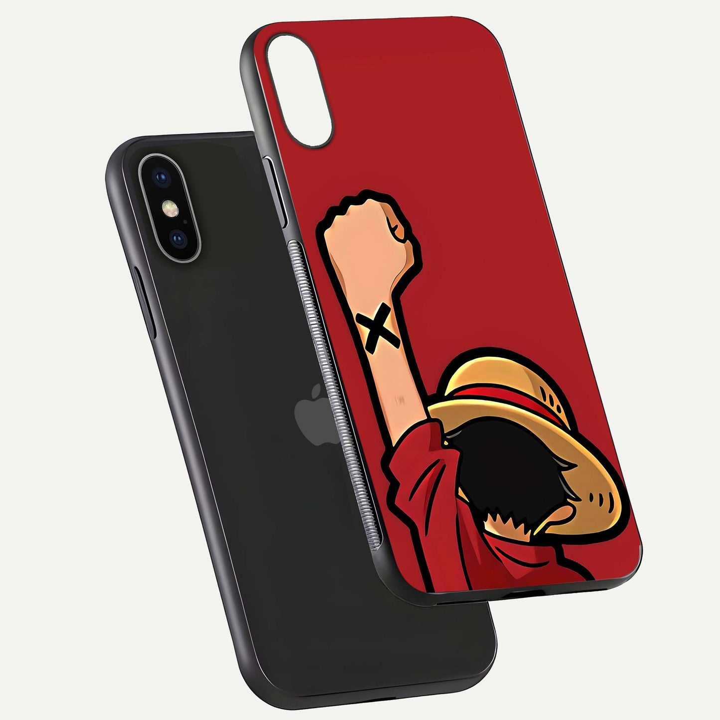 Luffy X Spirit Glass Case for iPhone X floating dual-view mockup showing gloss polish and vibrant color depth
