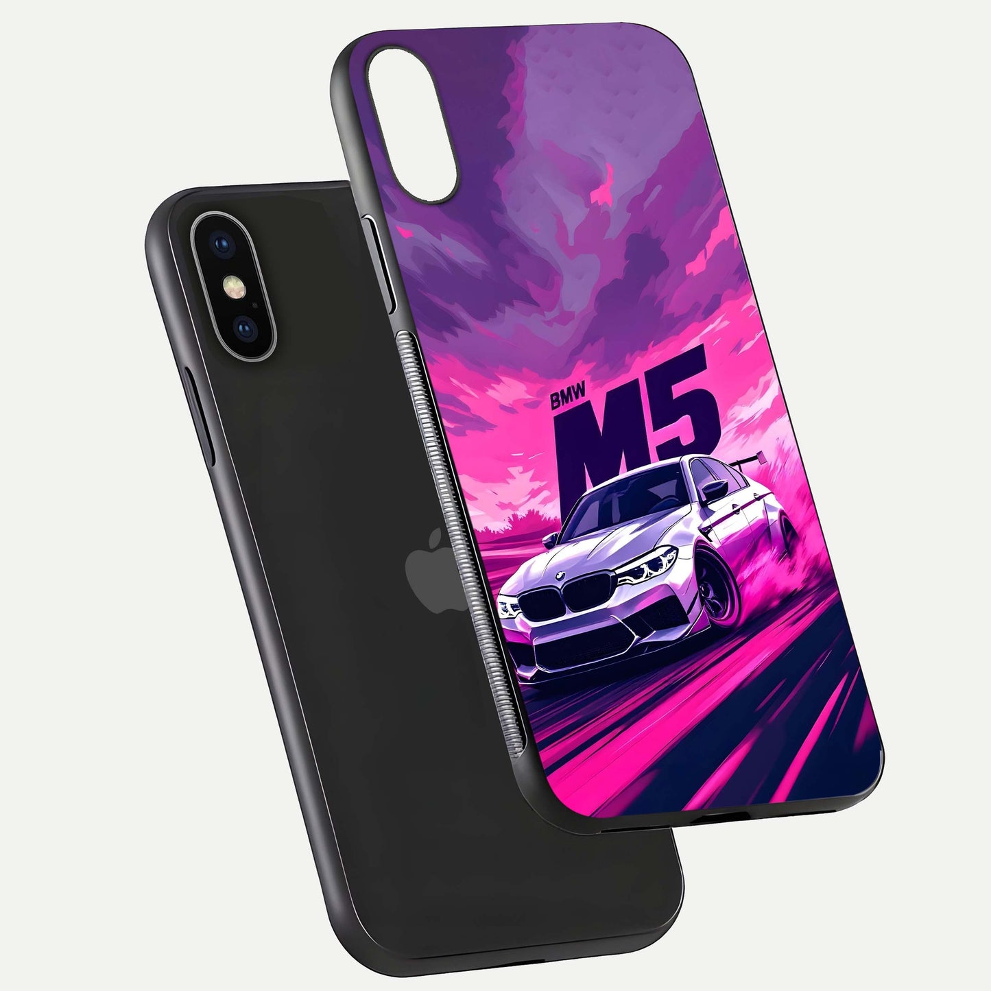 MS Neon Car Glass Case for iPhone X floating dual-view mockup showing HD gloss and electric color tones