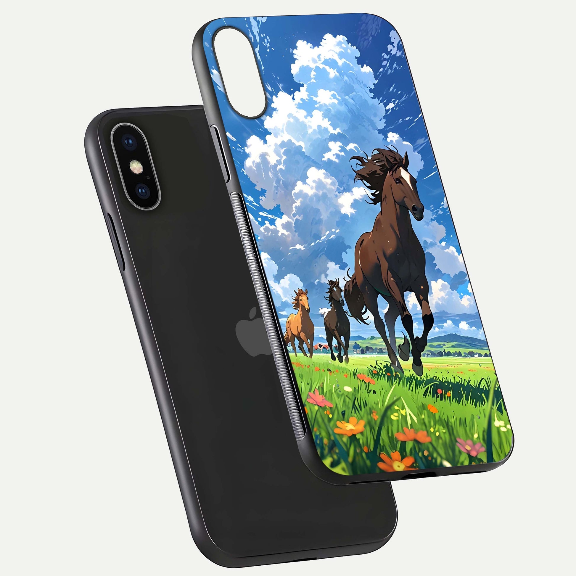 Majestic Horses Galloping Glass Case for iPhone X floating dual-view mockup showing gloss texture and vivid tones