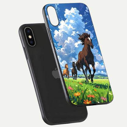 Majestic Horses Galloping Glass Case for iPhone X floating dual-view mockup showing gloss texture and vivid tones