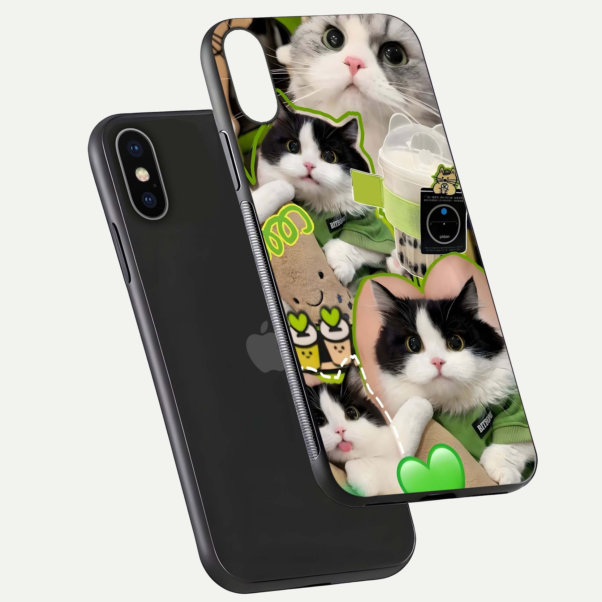 Matcha Cats Mood Glass Case for iPhone X floating dual-view mockup showing HD gloss surface and soft tones