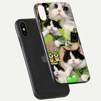 Matcha Cats Mood Glass Case for iPhone X floating dual-view mockup showing HD gloss surface and soft tones
