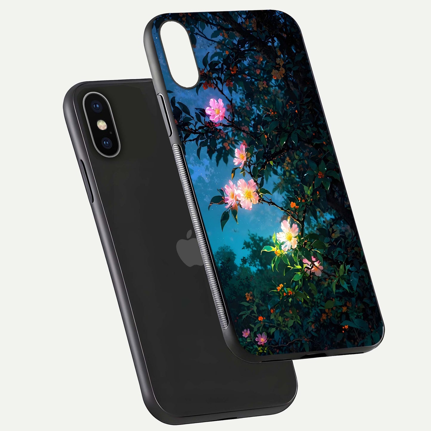 Midnight Bloom Glow Glass Case for iPhone X floating dual-view mockup showing HD gloss and floral contrast