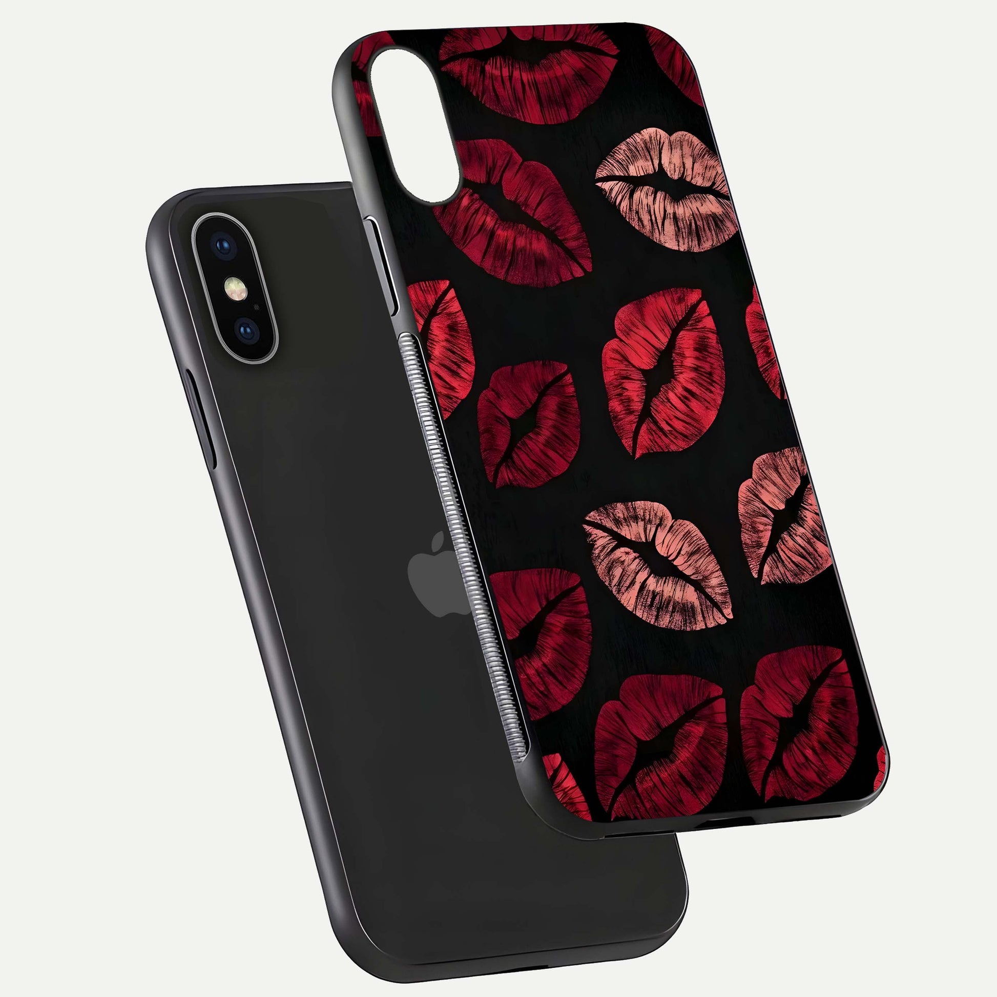 Midnight Kiss Love Glass Case for iPhone X floating dual-view mockup showing HD gloss and elegant edge design