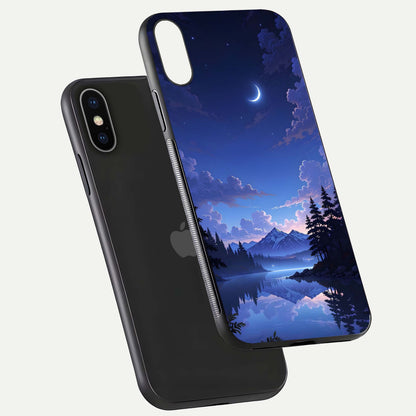 Midnight Lake Peace Glass Case for iPhone X floating dual-view mockup showing gloss finish and peaceful art