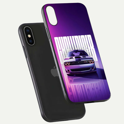 Midnight Muscle Ride Glass Case for iPhone X floating dual-view mockup showing glossy finish and shine depth