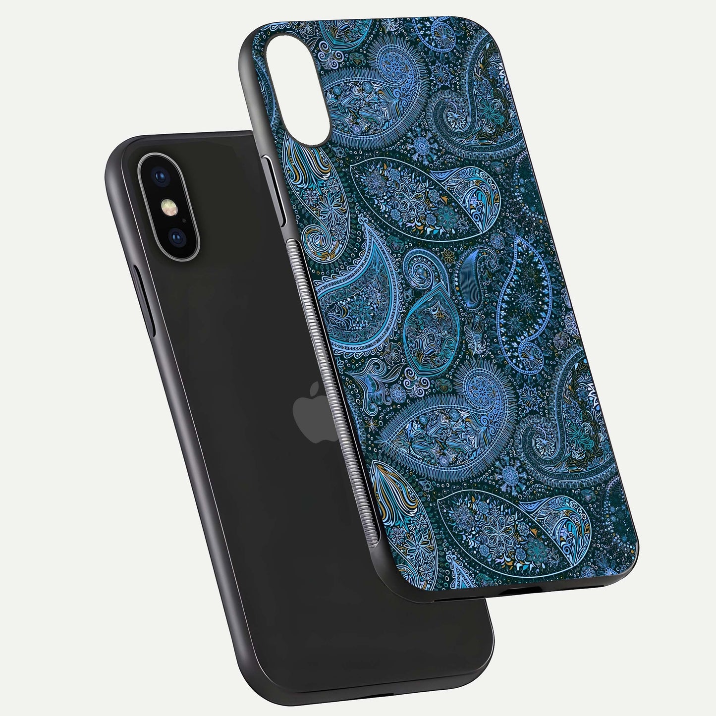 Midnight Paisley Glow Glass Case for iPhone X floating dual-view mockup showing HD gloss and rich pattern
