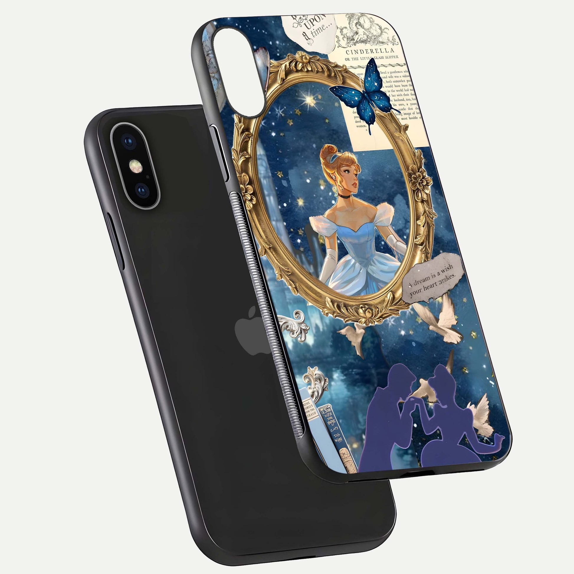 Midnight Queen Glass Case for iPhone X floating dual-view mockup showing HD glass shine and luxury art