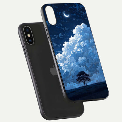 Midnight Sky Serenity Glass Case for iPhone X floating dual-view mockup showing HD gloss and night shine