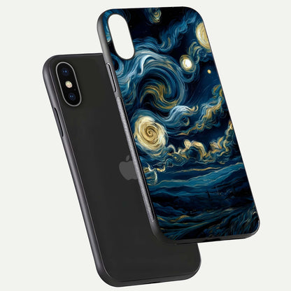 Midnight Sky Whirl Glass Case for iPhone X floating dual-view mockup showing gloss texture and shine