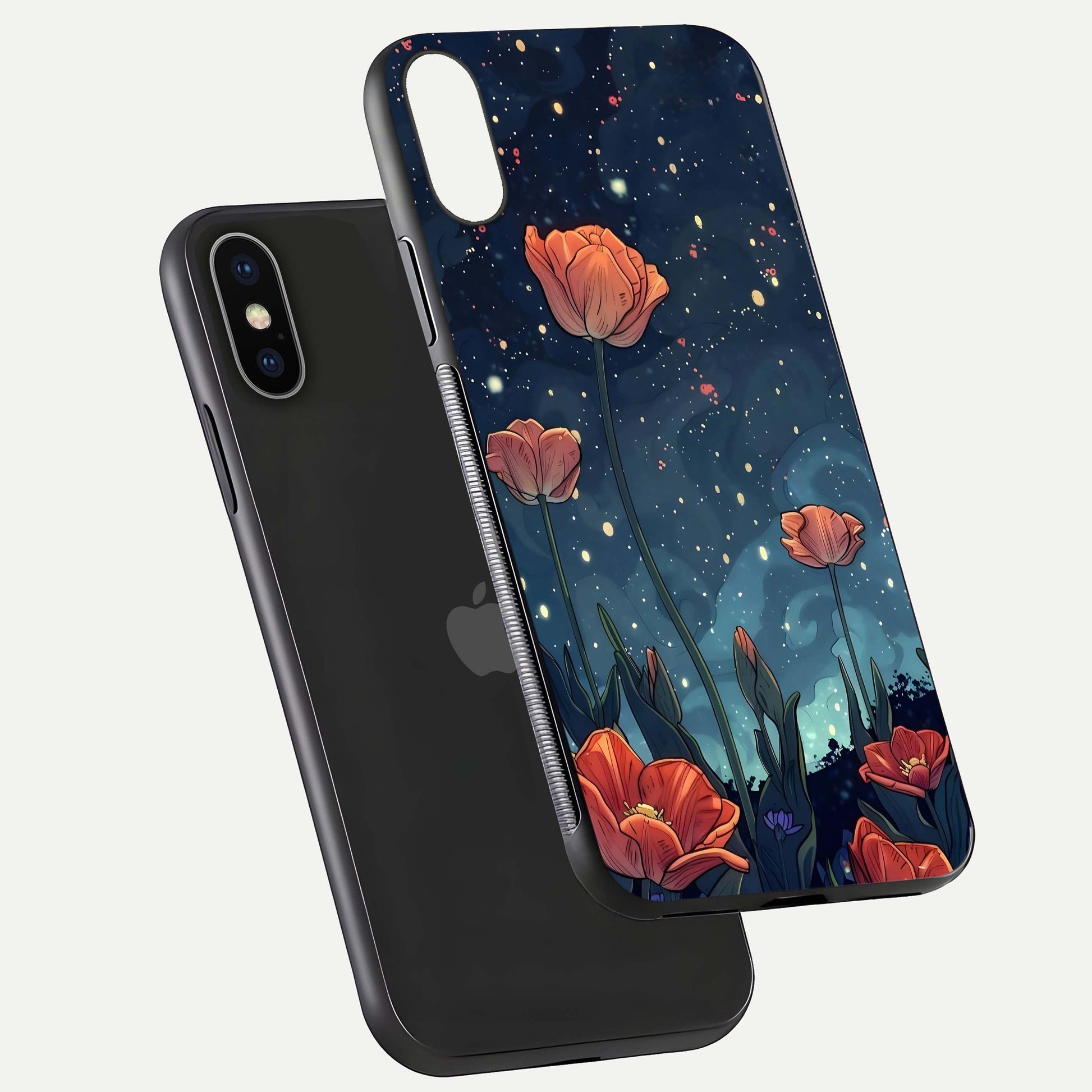 Midnight Tulip Glow Glass Case for iPhone X floating dual-view mockup showing HD gloss and tulip tone