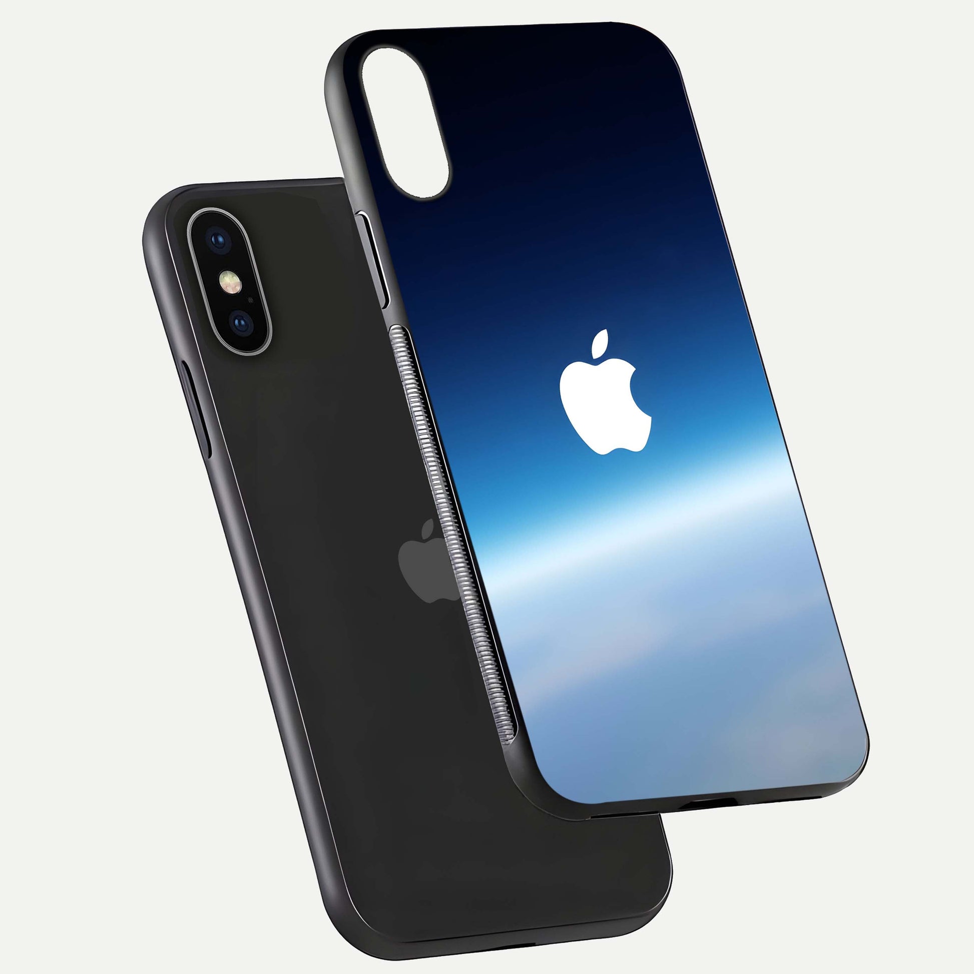 Minimal Apple Sky Glass Case for iPhone X floating dual-view mockup showing HD gloss and Apple design