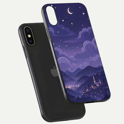 Minimal Night View Glass Case for iPhone X floating dual-view mockup showing HD gloss and clean lines