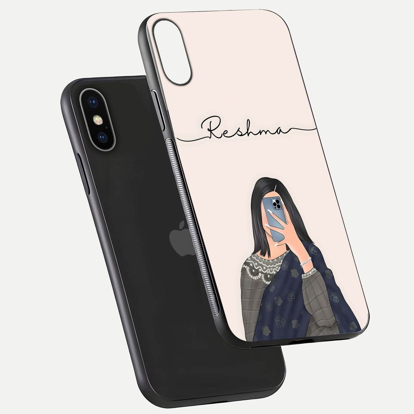 Mirror Mood Muse Custom Name Glass Case for iPhone X floating dual-view mockup showing reflection and luxury style