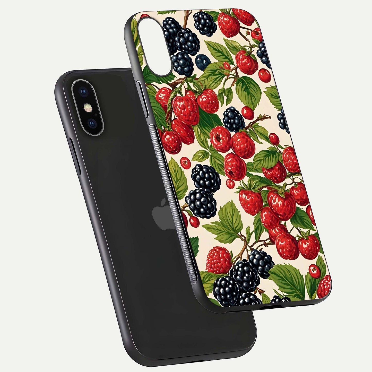 Mixed Berry Collage Glass Case for iPhone X floating dual-view mockup showing gloss depth and vibrant design