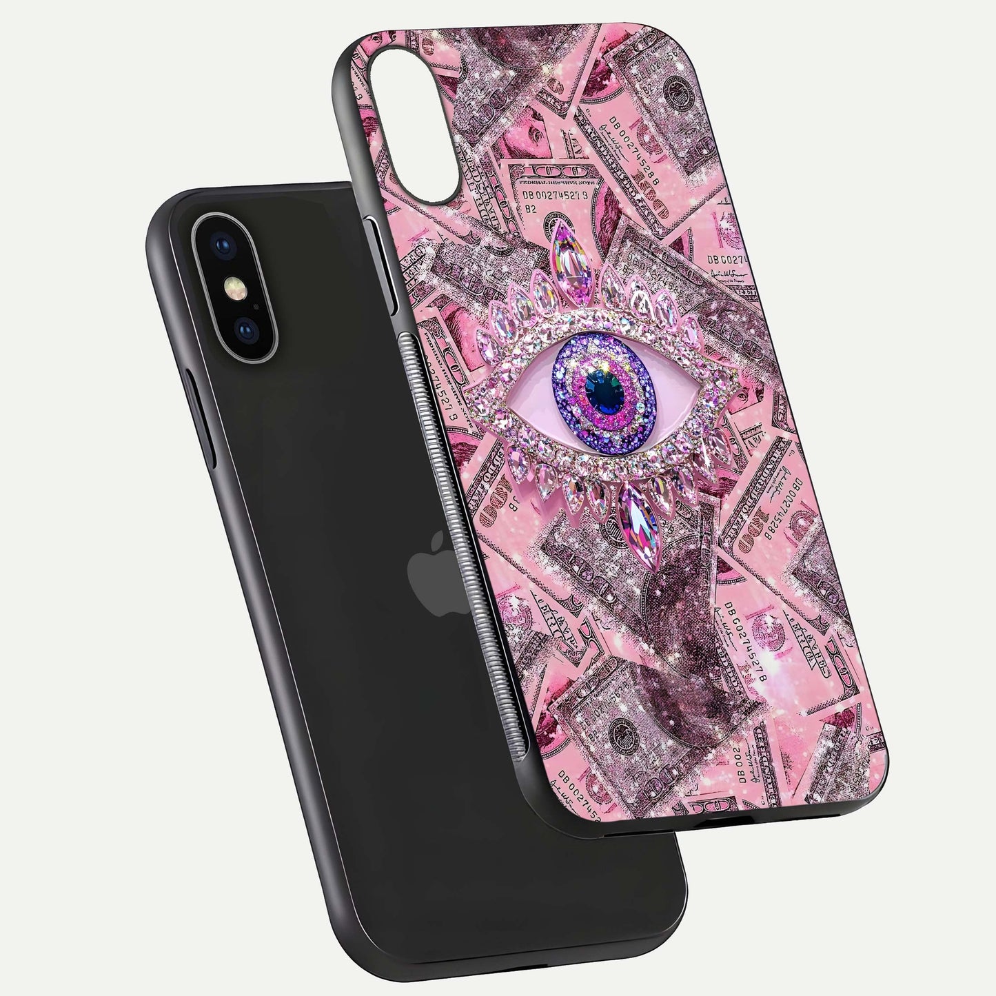 Money Eye Luxe Glass Case for iPhone X floating dual-view mockup showing gloss surface and premium look