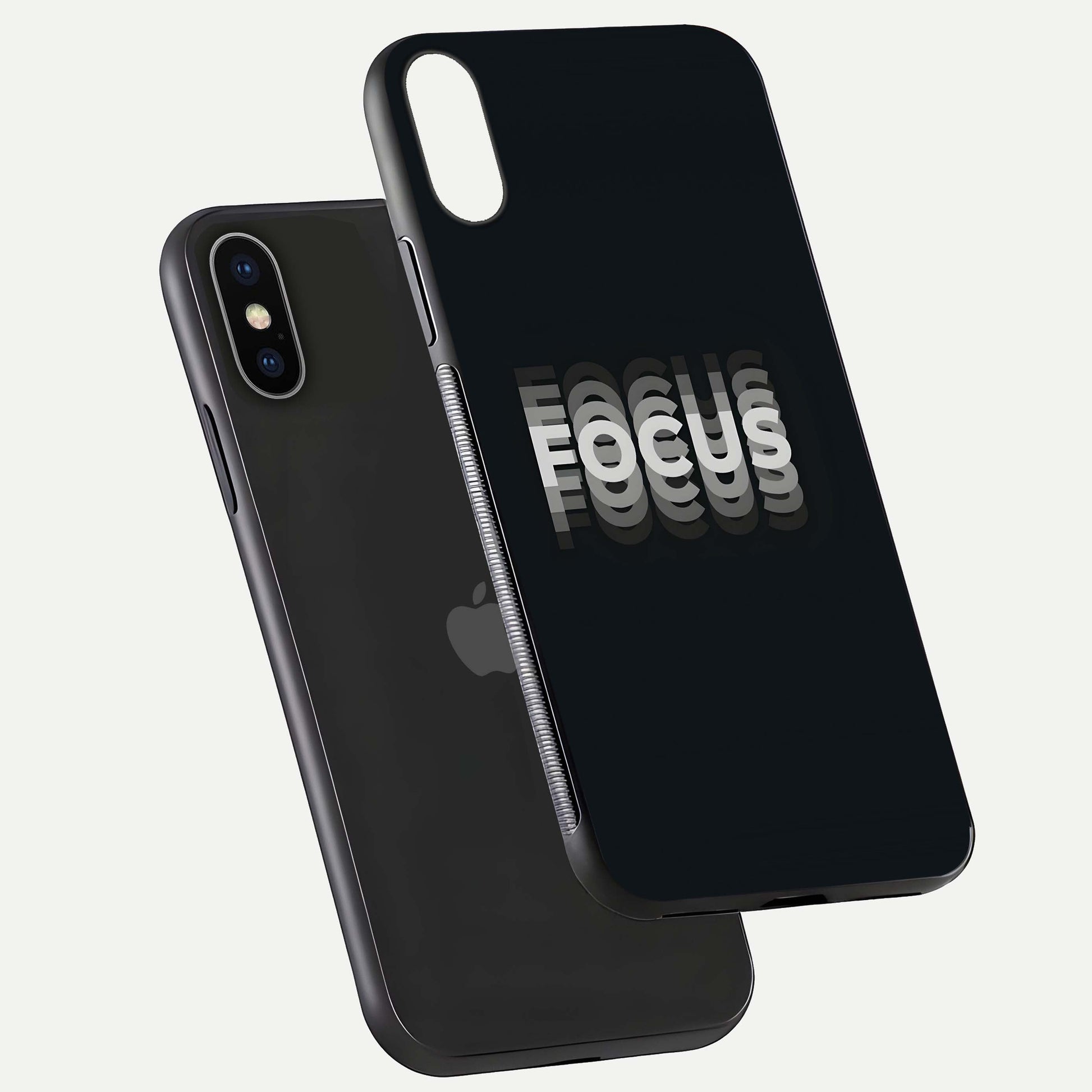 Mono Focus Vision Glass Case for iPhone X floating dual-view mockup showing HD gloss and elegant simplicity