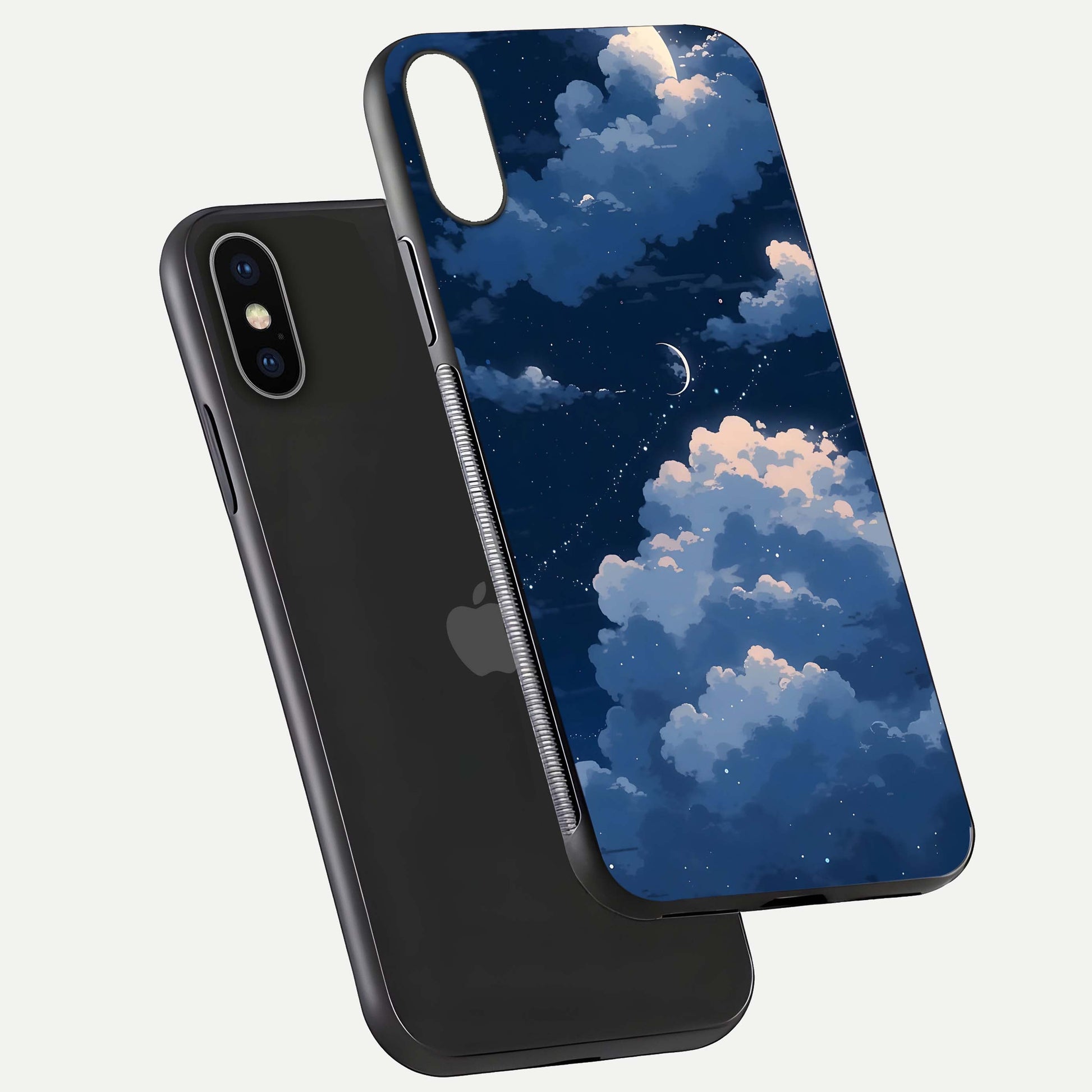 Moon Dream Haze Glass Case for iPhone X floating dual-view mockup showing gloss texture and calm tones